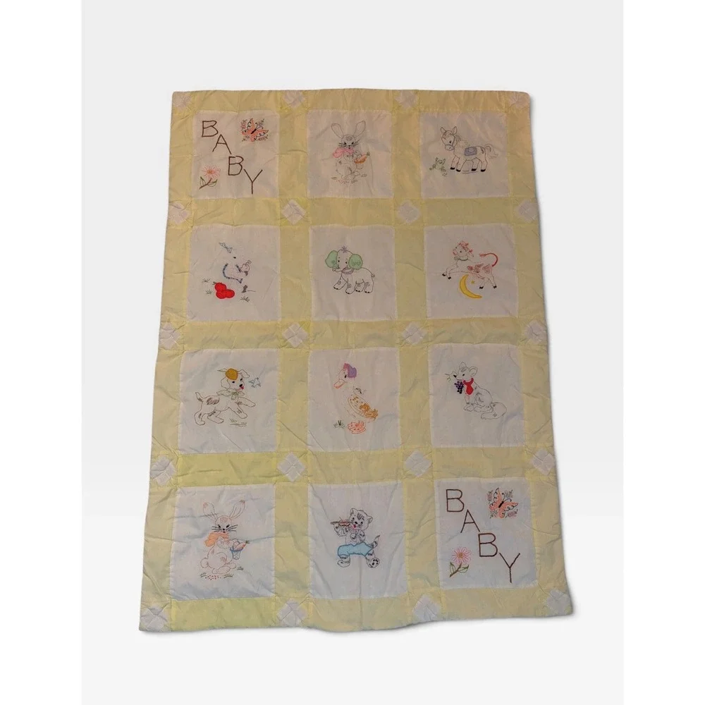 Vintage Handmade Baby Quilt Hand Embroidered Animals Yellow Nursery Crib BABY